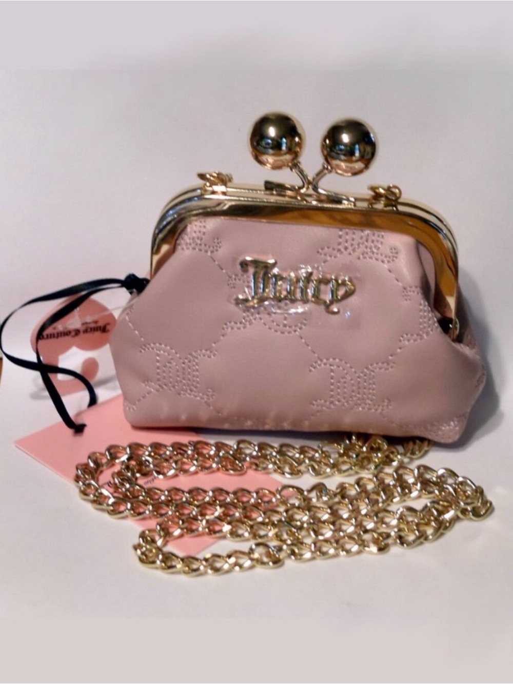 Juicy Couture Pink Quilted Kiss-Lock Crossbody with Gold Chain
